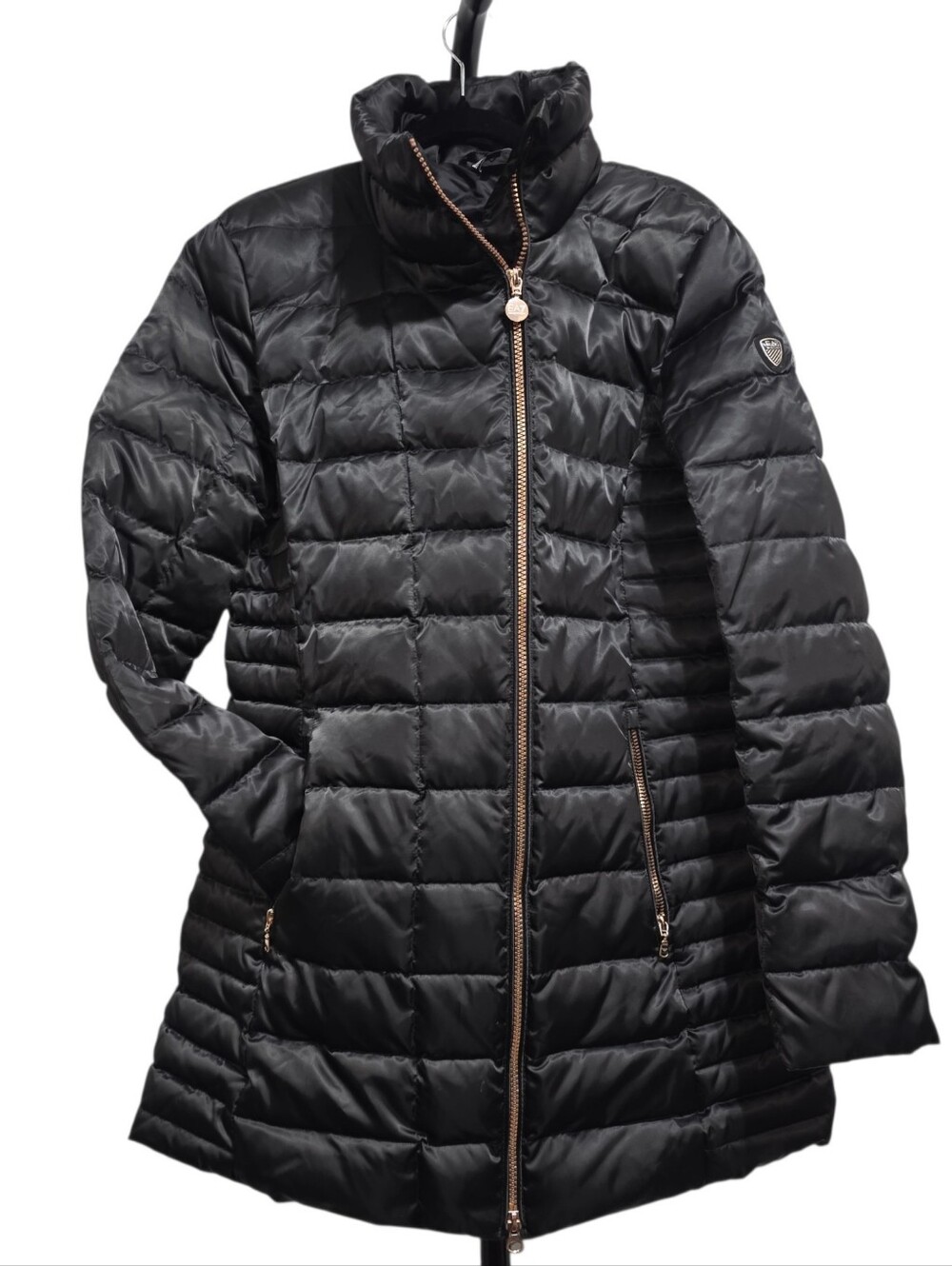 EA7 Emporio Armani Black Down Puffer Coat XL Long Quilted Jacket Rose Gold Zip - Picture 3 of 12